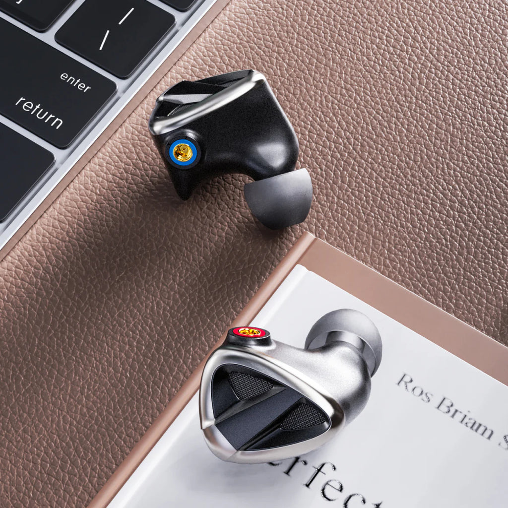FiiO FH19 in-ear headphones with silver earphones and black cables, detailed close-up view of the FiiO audio earbuds.