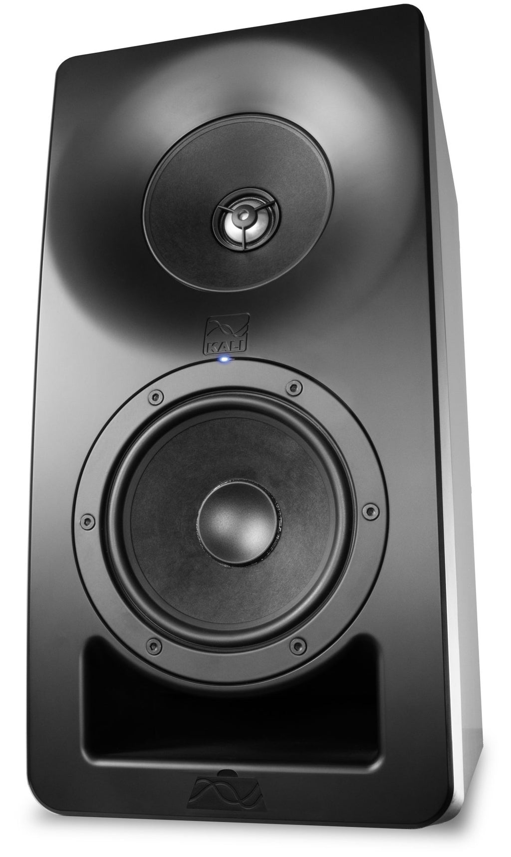Kali Audio SM-5 active nearfield monitors with black finish, shown on a studio desk for professional audio monitoring.