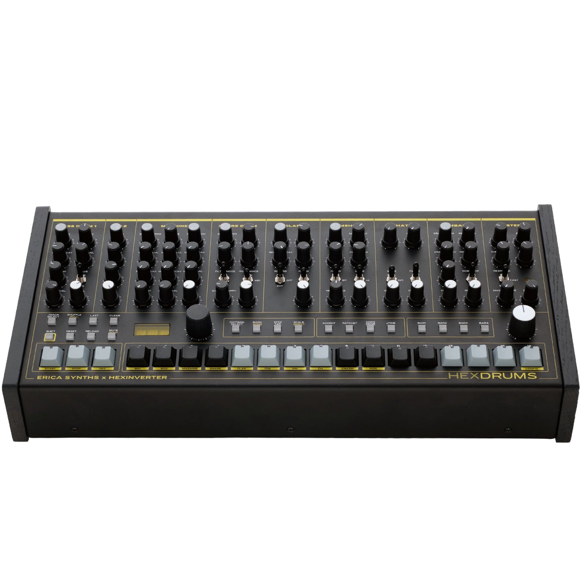Erica Synths Hexdrums drum machine and sampler with multiple knobs and pads for electronic music production.
