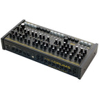 Erica Synths Hexdrums drum machine with multiple knobs and pads, featuring a compact black design and colorful control elements.