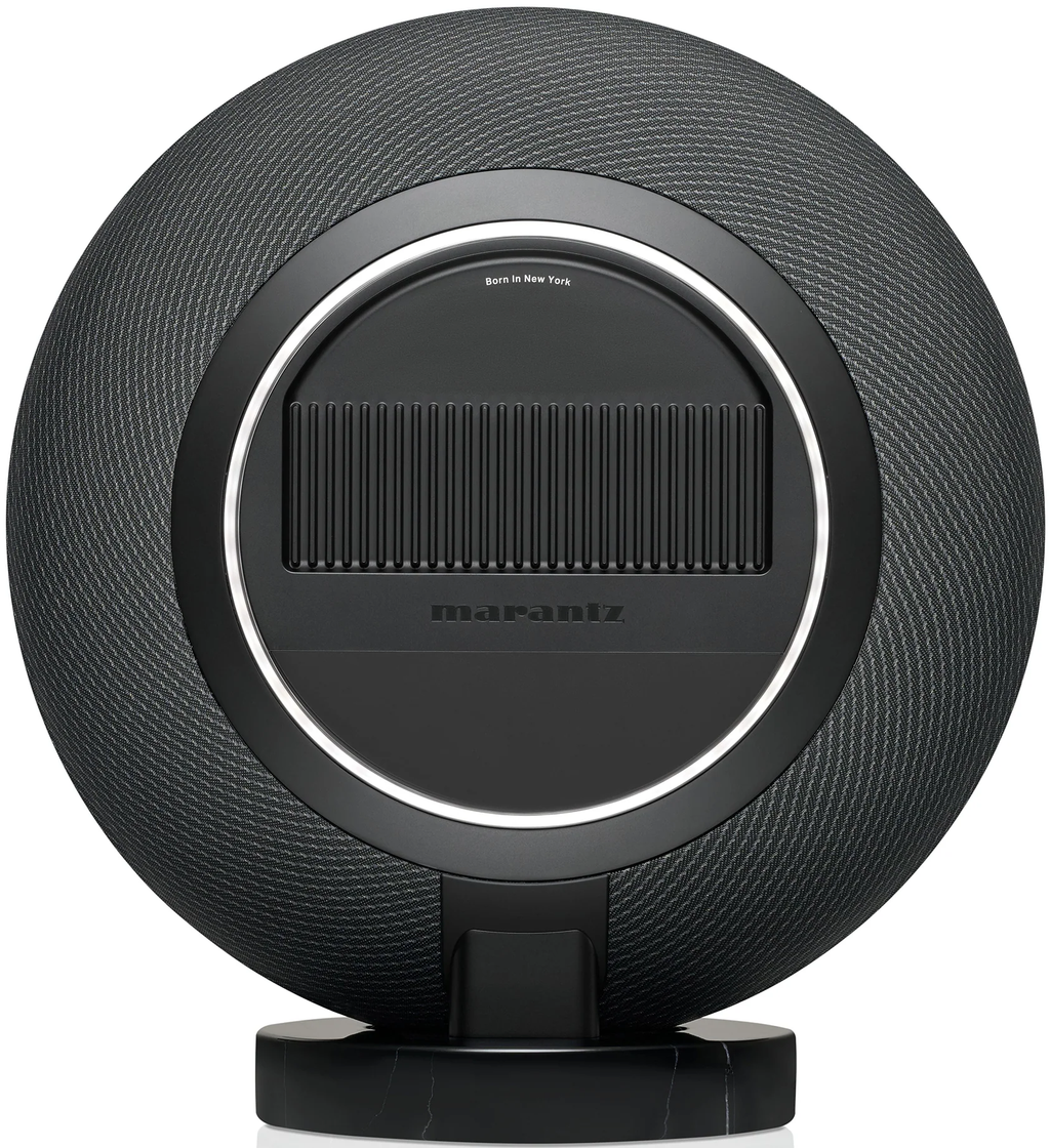 Marantz Horizon Grand wireless speakers in Midnight Sky color, rear view showing ports and sleek modern design.