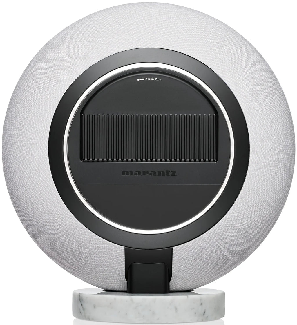 Marantz Horizon Grand wireless speakers with sleek design and rear connection ports, showcasing modern audio equipment.