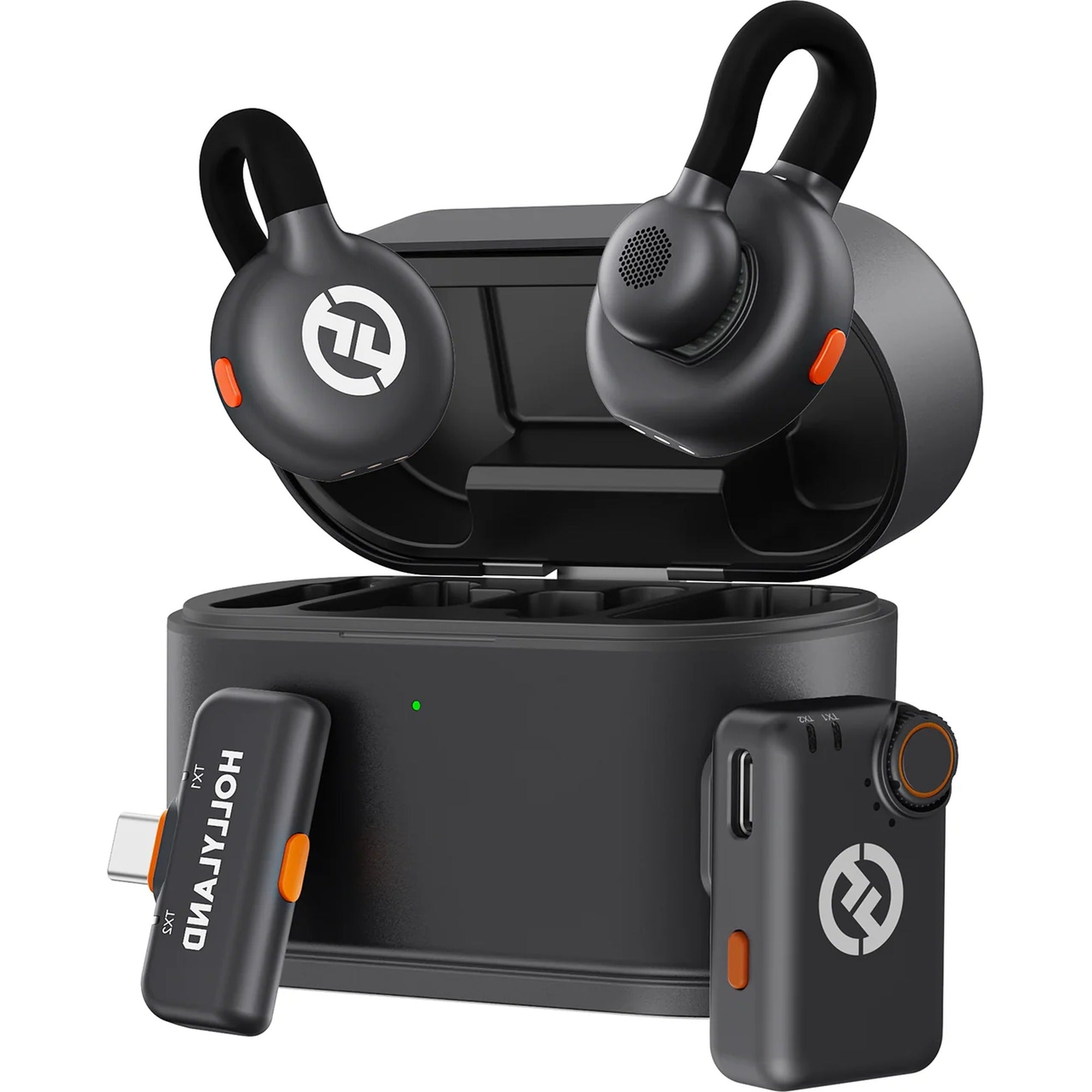 Hollyland Lark M2S Mini Combo (2RX - Camera & USB-C) wireless microphone system, front view.