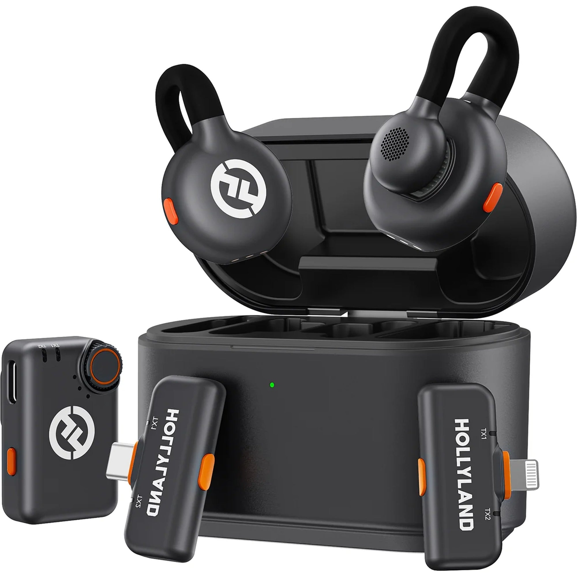 Hollyland Lark M2S Ultimate Combo wireless microphone system with 3 receiver units for camera, USB-C, and Lightning connections.