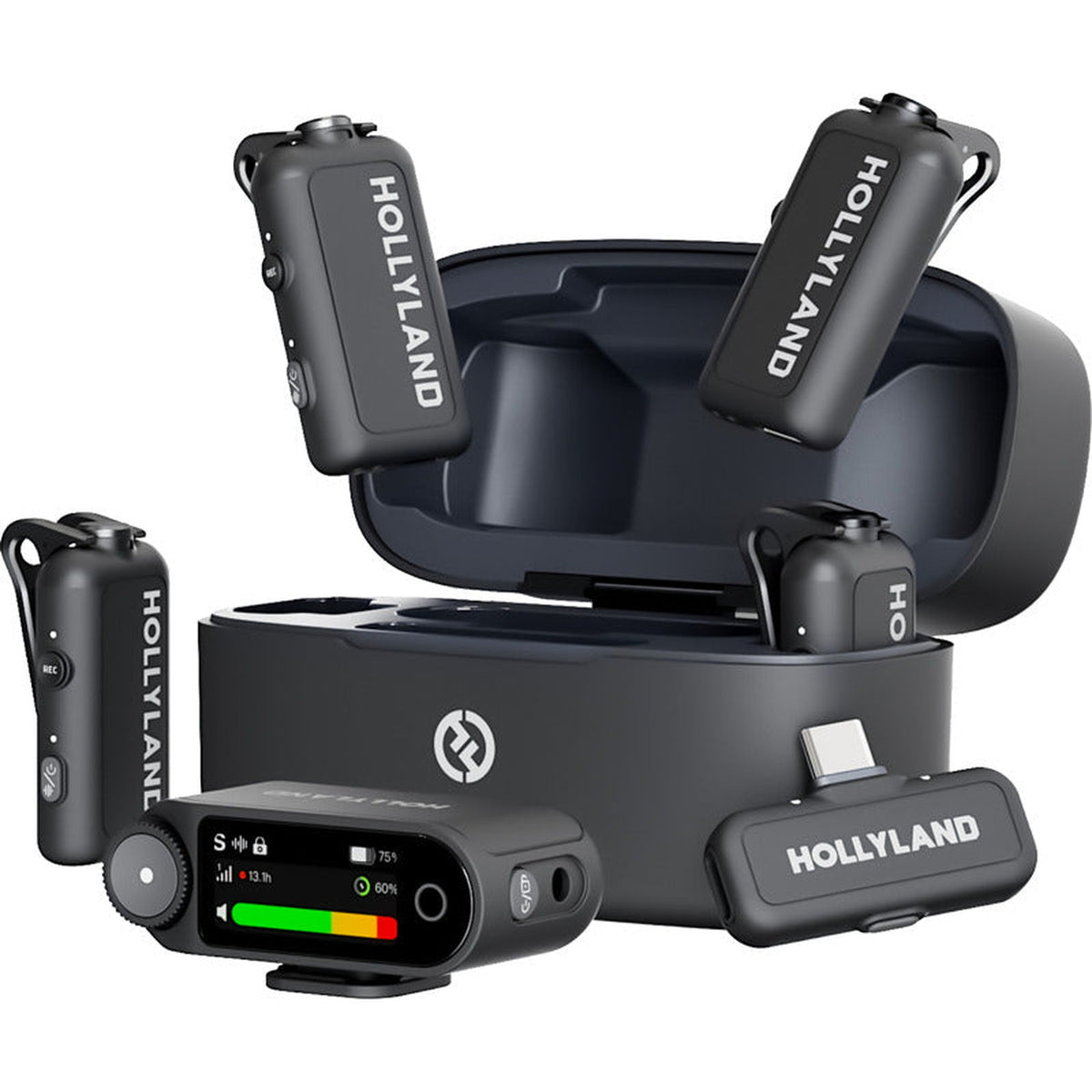 Hollyland Lark Max 2 Creator Wireless Microphone System with four transmitters and a receiver for professional audio recording.