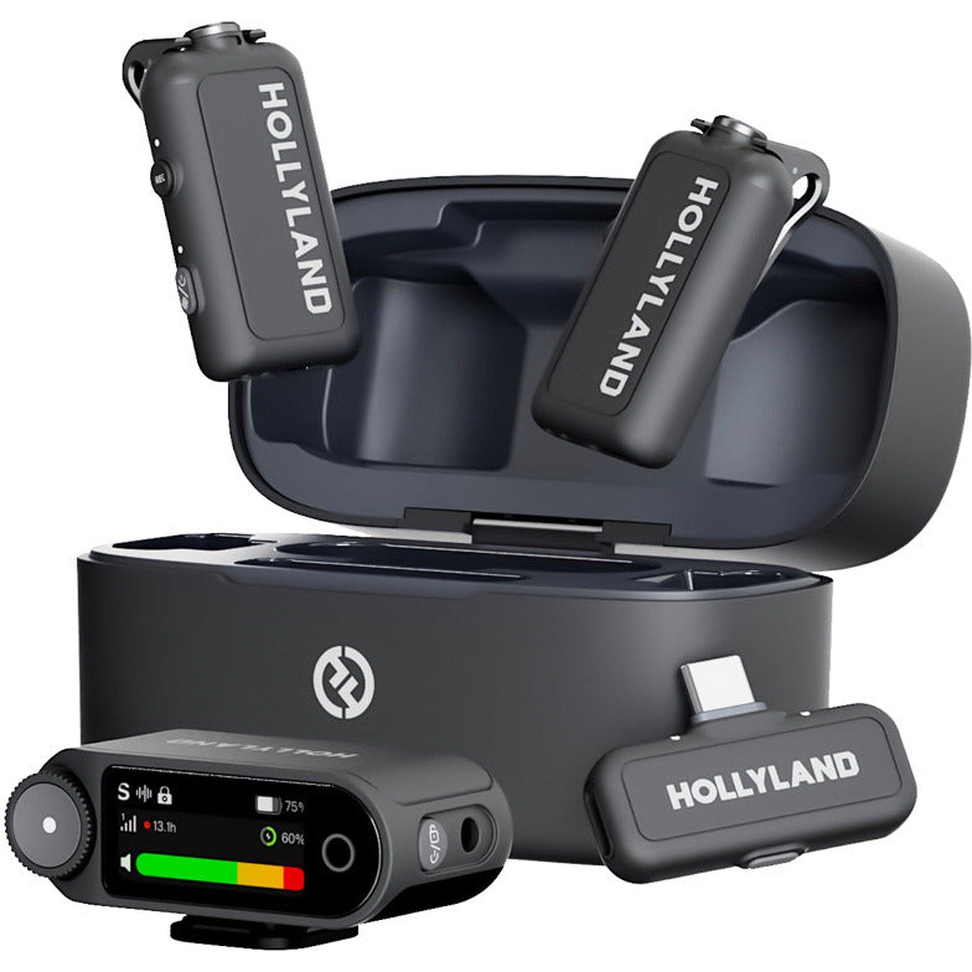 Hollyland Lark Max 2 Creator Wireless Microphone System with compact transmitters and receiver for high-quality audio recording.