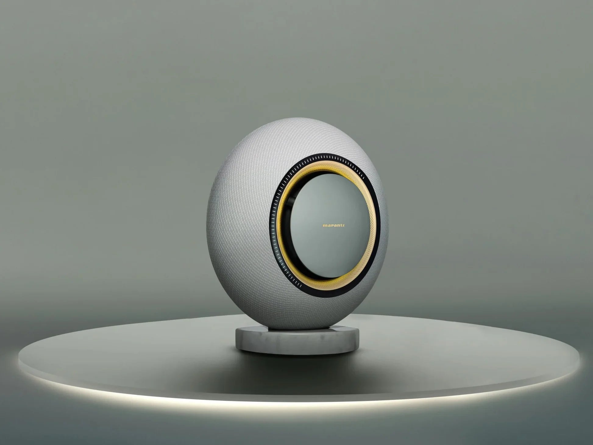 Marantz Horizon wireless speaker with sleek design and moon-inspired motif, showcasing modern audio equipment for premium sound quality.
