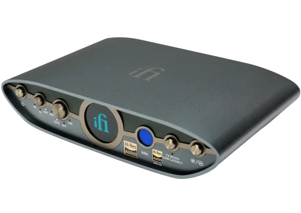 iFi Audio Zen Blue 3 music streamer with sleek black design and front display, showcasing its compact and modern audio equipment features.
