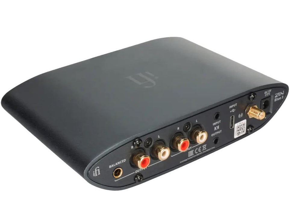 iFi Audio Zen Blue 3 music streamer seen from the back, showing input ports and sleek black design with blue accents.