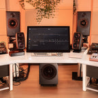 IK Multimedia ARC Studio+, in a studio with monitors and subwoofer