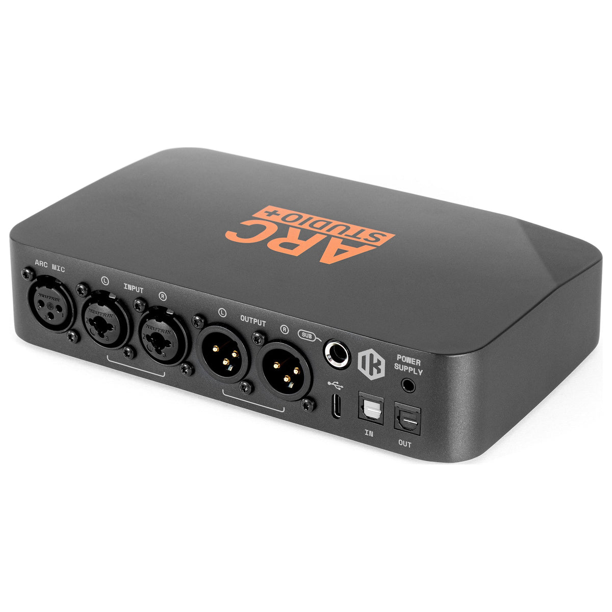 IK Multimedia ARC Studio+, rear panel with XLR, USB-C and optical connections