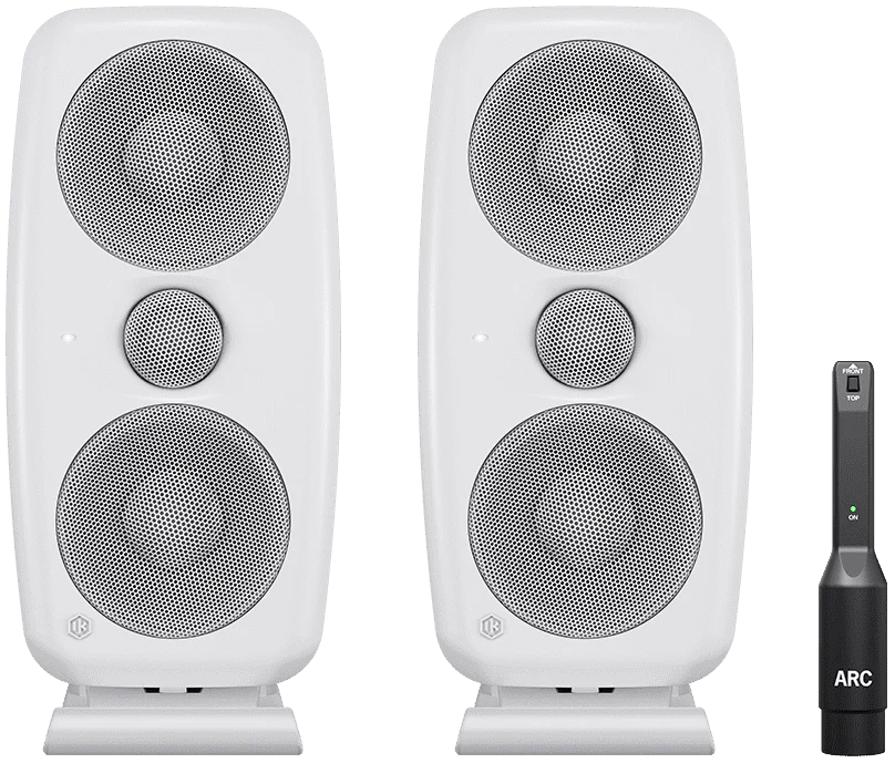 Pair of IK Multimedia iLoud MTM MK2 active nearfield monitors in white with sleek design and front-facing controls.