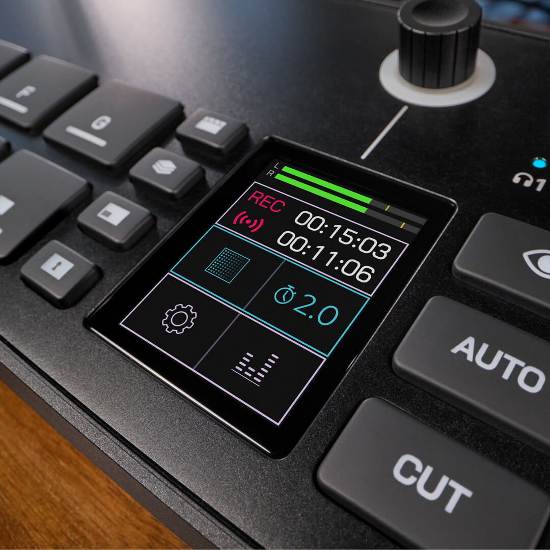 Rode RodeCaster Video editing controller with multiple knobs and buttons for professional video audio mixing and editing.