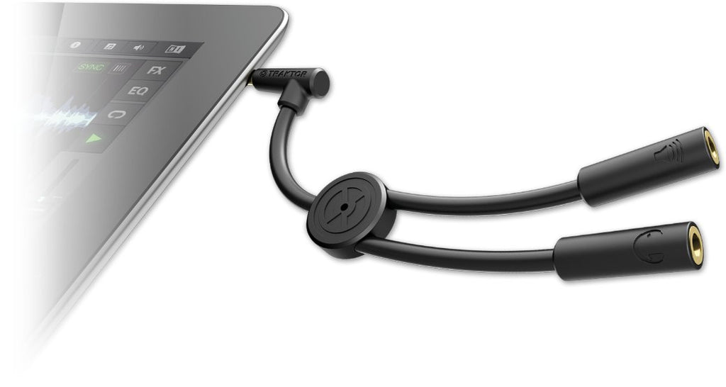 Native Instruments Traktor DJ cable adapter for DJ equipment, splitters, and audio connections, designed for seamless DJ setups.