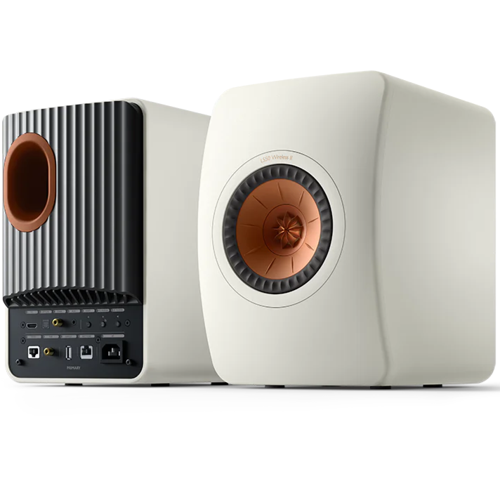 KEF LS50 Wireless II wireless speakers with sleek black finish and modern design, showcasing their compact form and high-quality build.