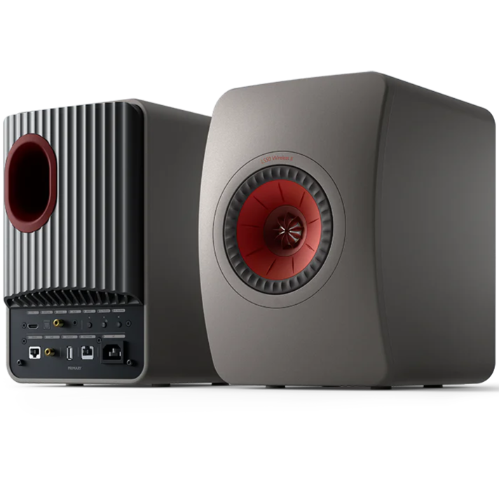 KEF LS50 Wireless II wireless speakers with sleek black finish and compact design, featuring advanced audio drivers and controls.