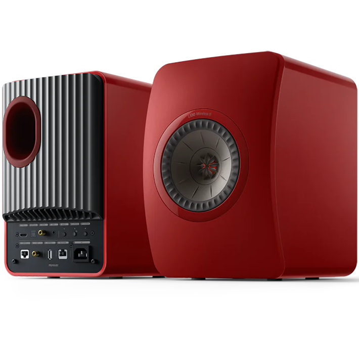 KEF LS50 Wireless II wireless speakers with sleek black design and front grille, showcasing high-quality audio equipment.