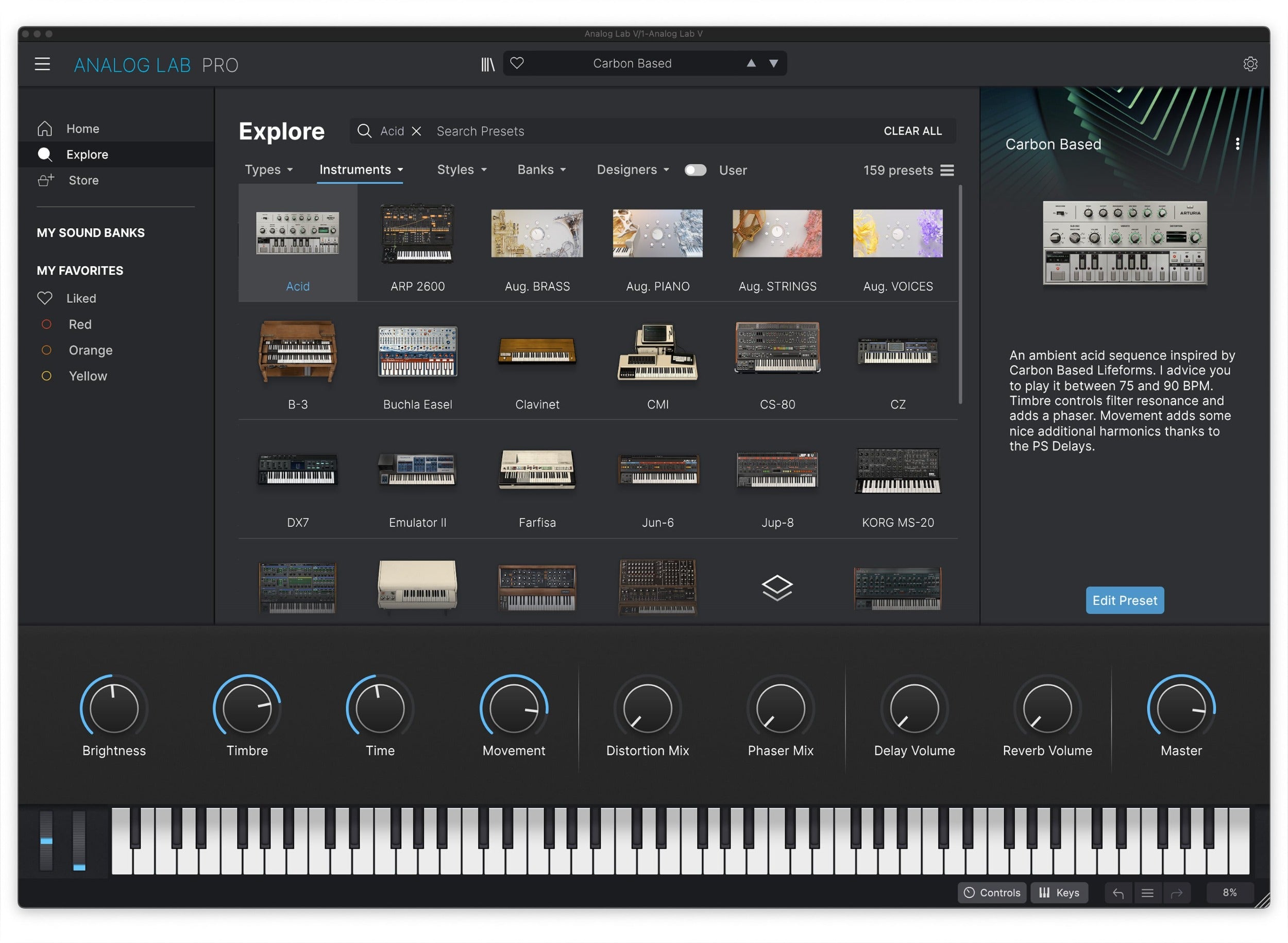 Arturia Analog Lab Pro music production software interface showing various virtual synthesizer and keyboard controls.