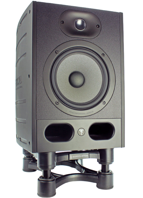 IsoAcoustics ISO-200 studio monitor stands with sleek black design, supporting and elevating audio speakers for optimal sound.