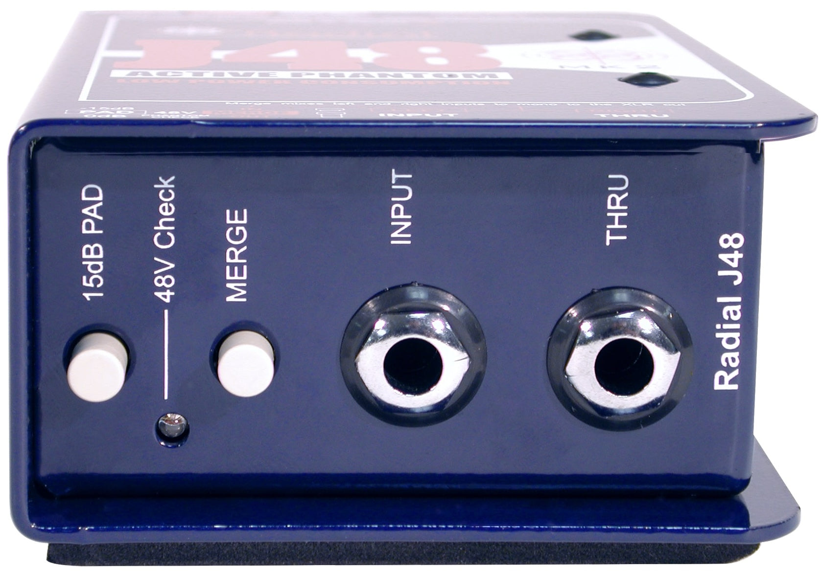 Radial Engineering J48 mono DI box with input connections, used for professional audio signal interfacing and sound equipment.