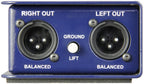 Rear view of Radial Engineering J48 stereo DI box showing input and output connections for professional audio setup.