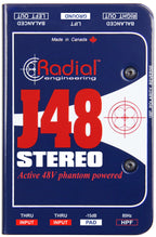 Stereo Radial Engineering J48 DI box with top view showing input and output connectors for professional audio use.