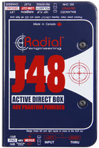 Radial Engineering J48 mono DI box with top view showing input and output connections for professional audio setup.