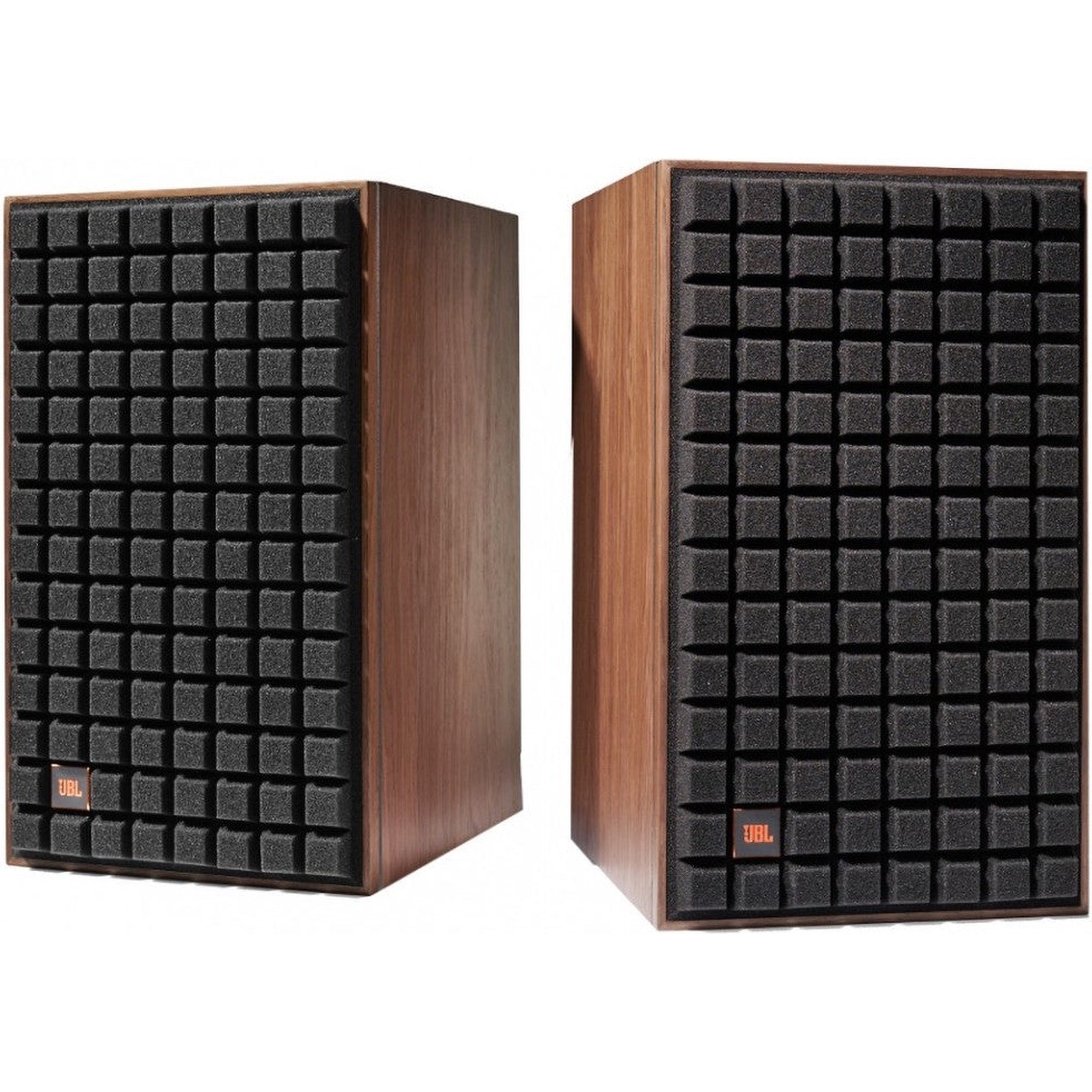 Black JBL L82 Classic MK2 passive bookshelf speakers with wood finish and grille, showcasing their elegant design.