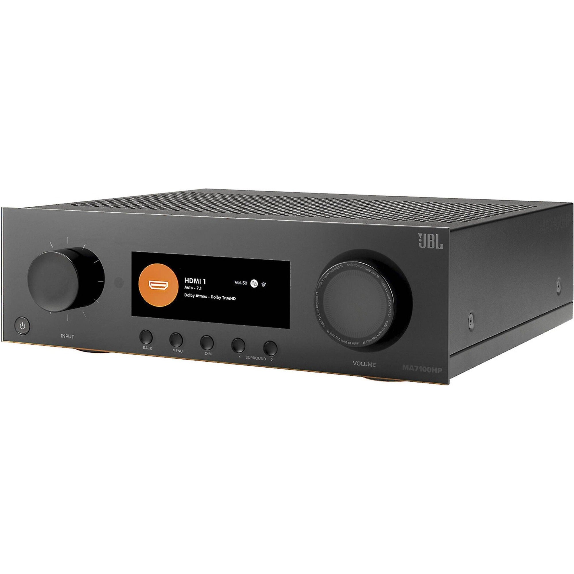JBL MA7100HP stereo amplifier with sleek black design and control knobs, showcasing high-performance audio equipment.
