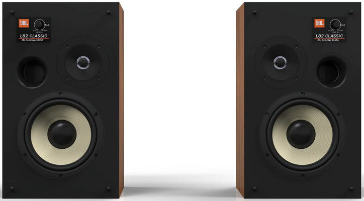 JBL L82 Classic MK2 passive bookshelf speakers with wood finish and modern design, shown from a front angle.