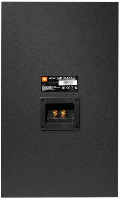 JBL L82 Classic MK2 passive bookshelf speakers showing rear connection panel with speaker terminals and branding.
