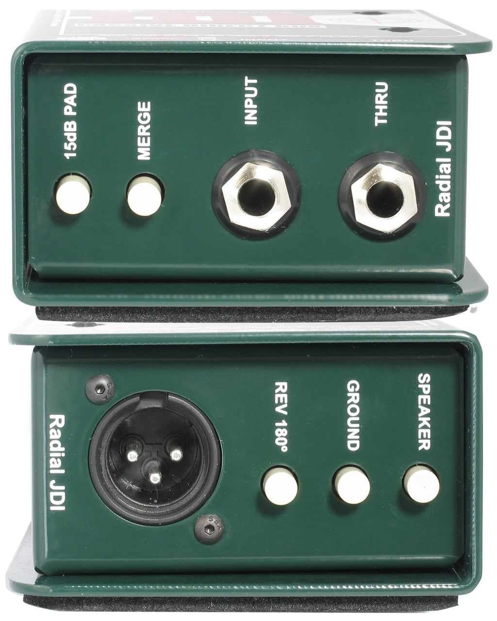 Radial Engineering JDI mono DI box with stacked connectors and metal housing, ideal for professional audio instrument connections