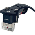 Jico J44A 7 Omnia DJ turntable cartridge with nude stylus and headshell, black finish, designed for high-quality vinyl playback.