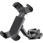 K&M 19755 Smartphone Holder mounted on a microphone stand, adjustable grip for holding smartphones securely during performances.
