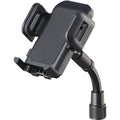 K&M 19762 Smartphone Holder attached to a microphone stand, adjustable clamp for holding smartphones securely during performances or recordings.