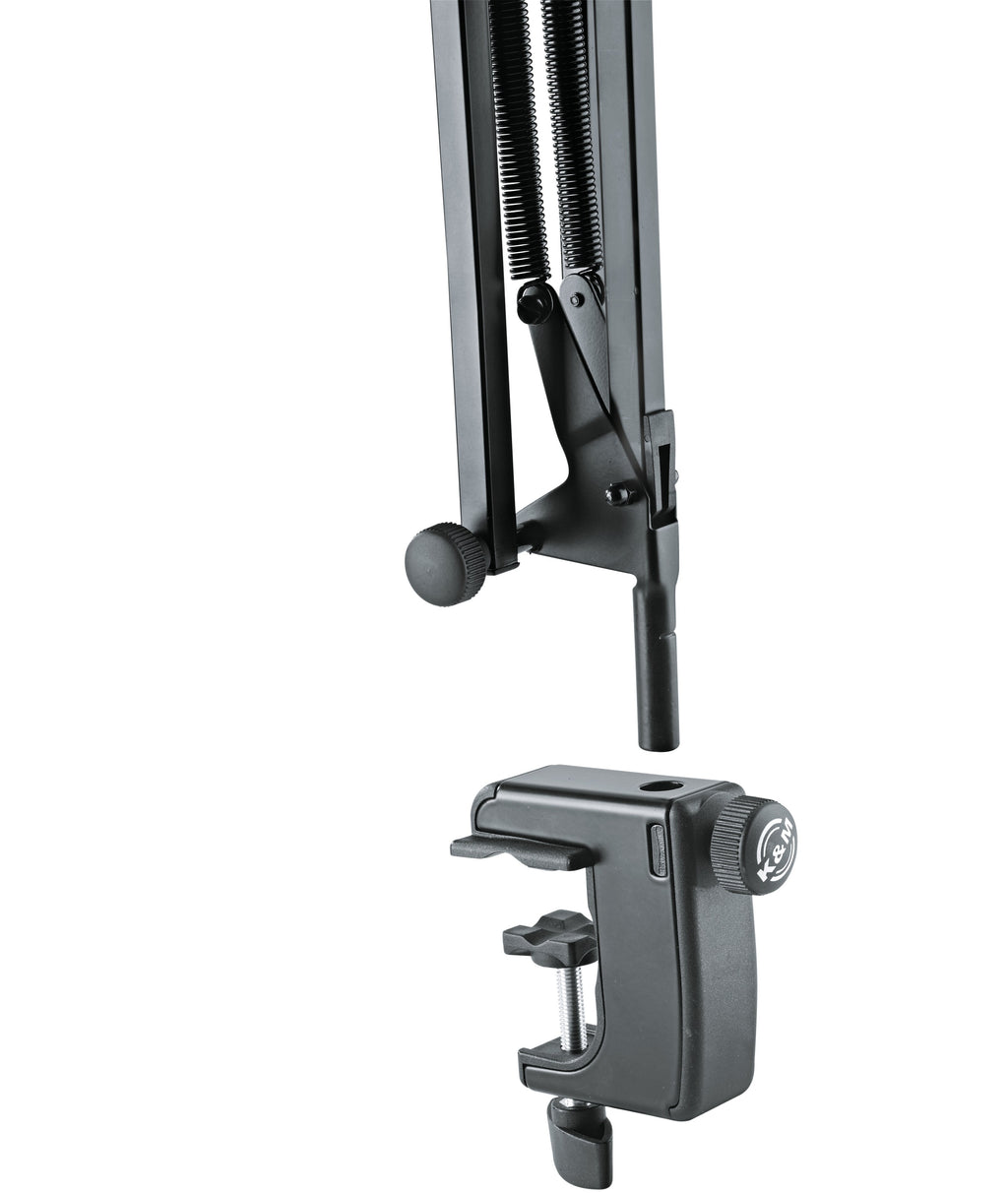 K&M 23840 microphone desk arm, close-up of desk clamp mount