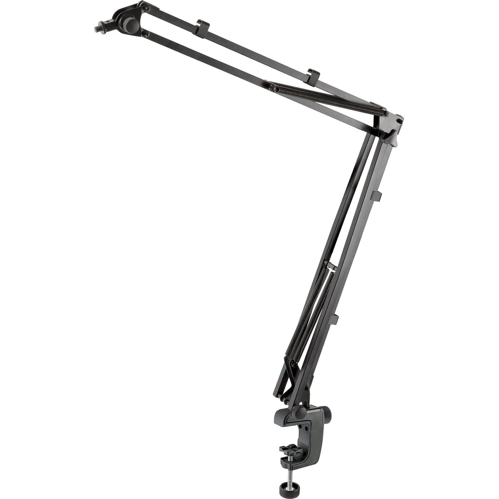 K&M 23840 microphone desk arm, hero full view with desk clamp