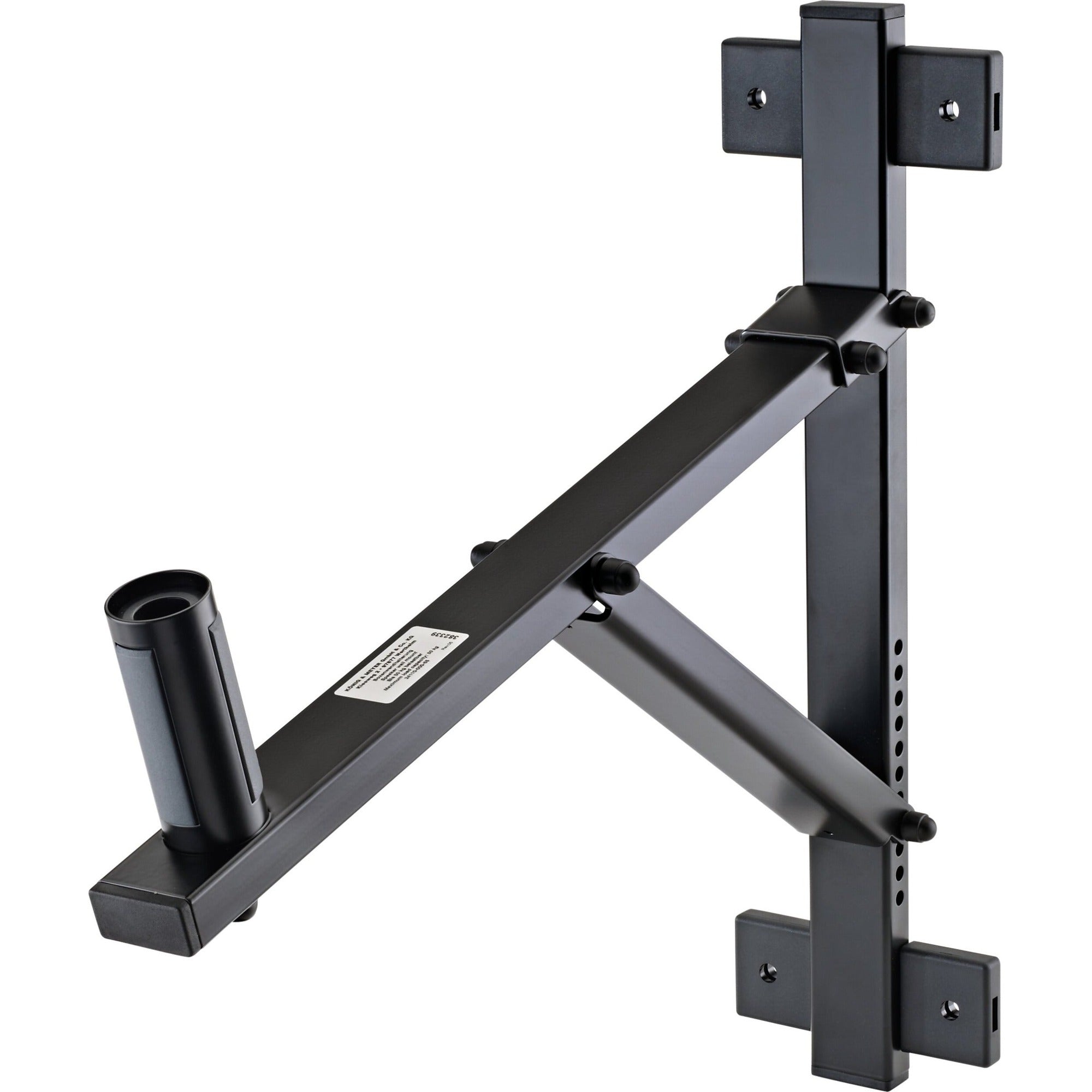 K&M 24110 black speaker stands shown with adjustable height and sturdy construction for audio equipment.
