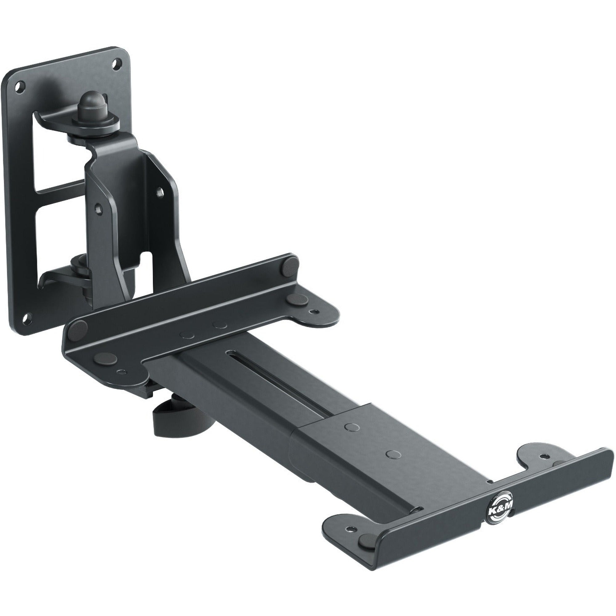 K&M 24167 speaker wall mount for studio monitor stands, black metal bracket with adjustable arm for secure wall mounting.