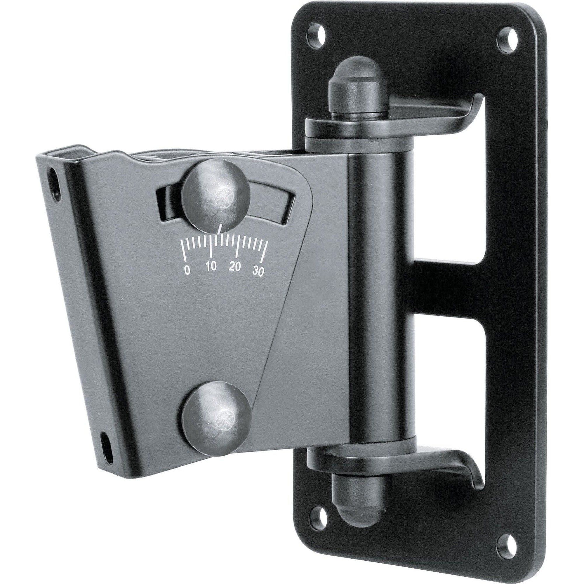 Black K&M 24471 studio monitor stands with adjustable height and sturdy construction for professional audio setups.
