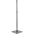 K&M 24650 PA speaker stands set up with adjustable height and sturdy metal construction for professional audio support.