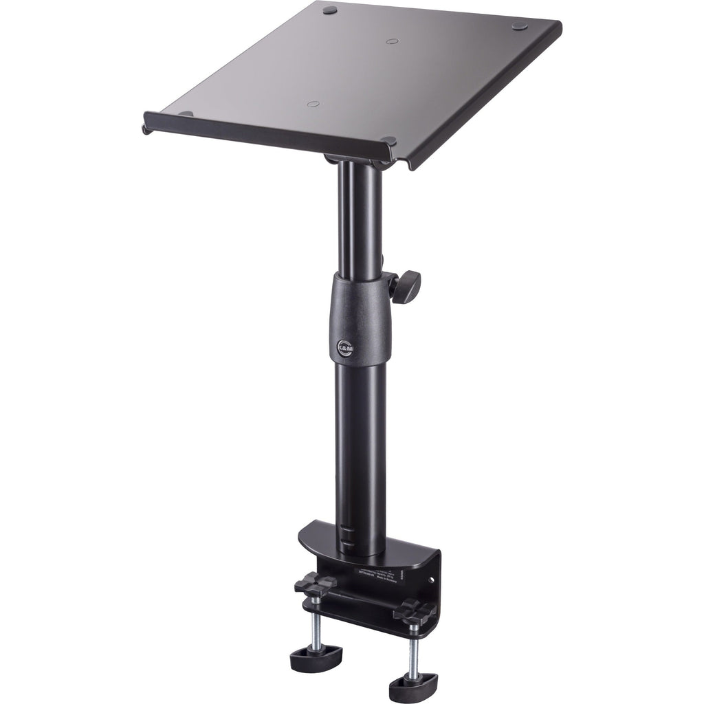 K&M 26778 studio monitor stands supporting speakers with adjustable height and sturdy metal construction.