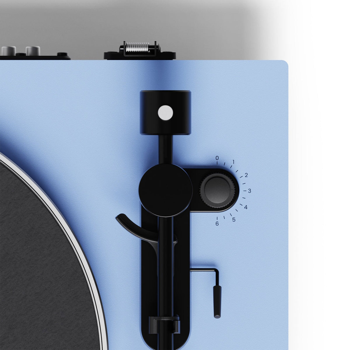 Kanto Audio OBI3 Gen 2 turntable, Ice Blue, top view, tonearm and speed controls