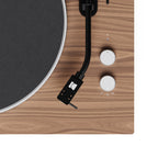 Kanto Audio OBI3 Gen 2 turntable, Walnut, tonearm and speed controls detail