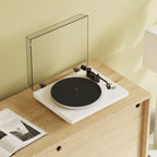Kanto Audio OBI3 Gen 2 turntable, White, on a wooden console