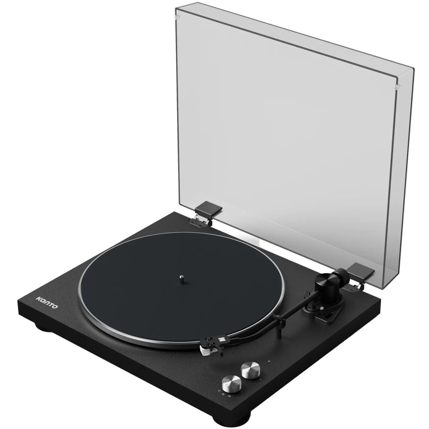 Kanto Audio OBI3 turntable, in black, angled view