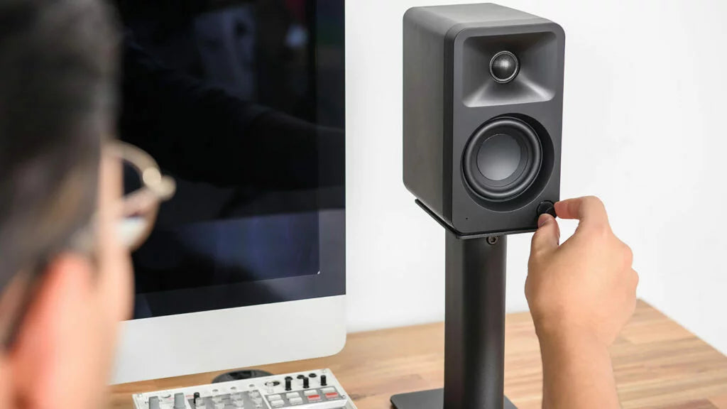Kanto Audio Ora desktop speakers, lifestyle setup in black
