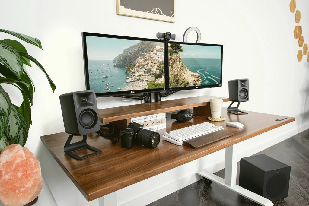Kanto Audio Ora desktop speakers, lifestyle setup in black