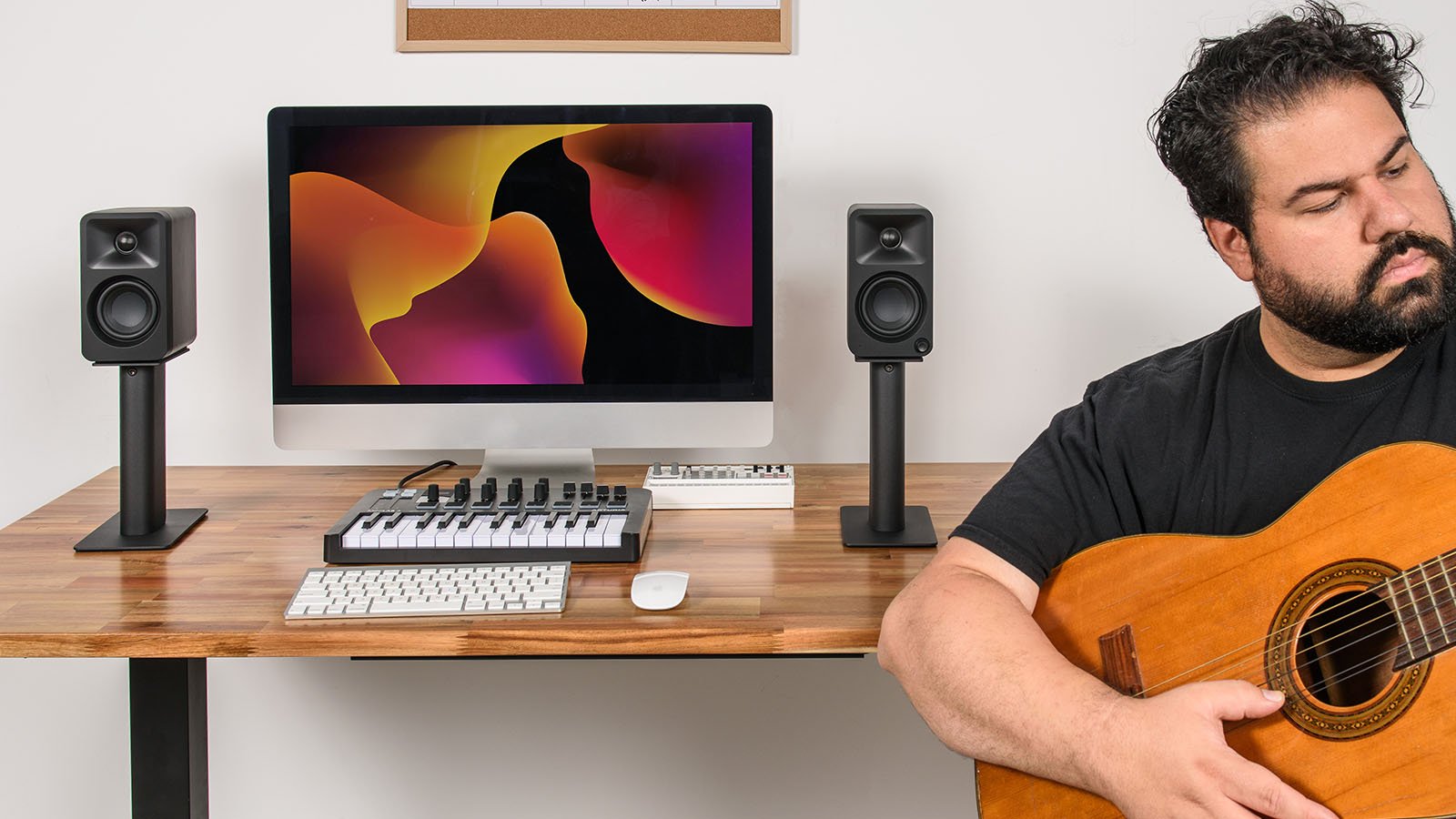 Kanto Audio Ora desktop speakers, lifestyle setup in black