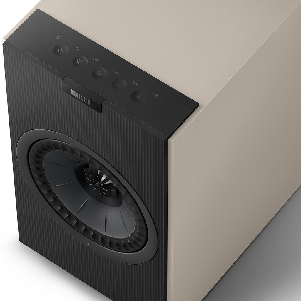 KEF Coda W active bookshelf speakers, detail view.